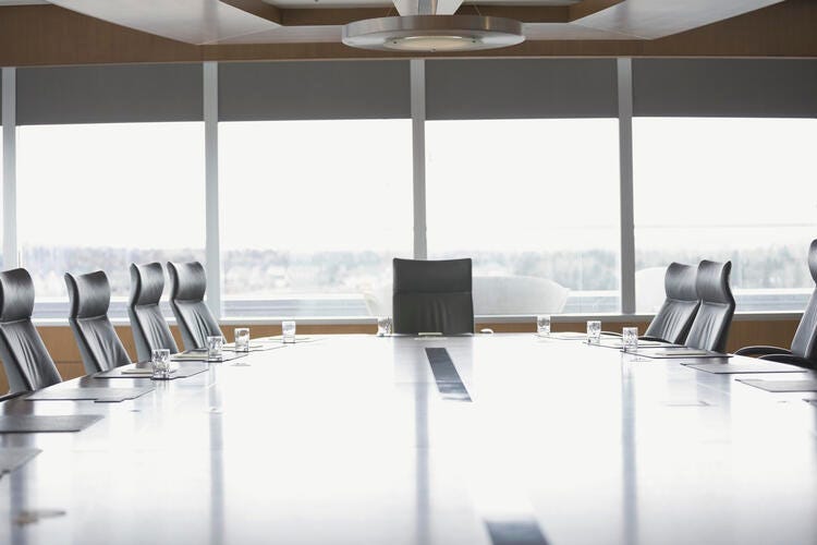 a conference room with a large window