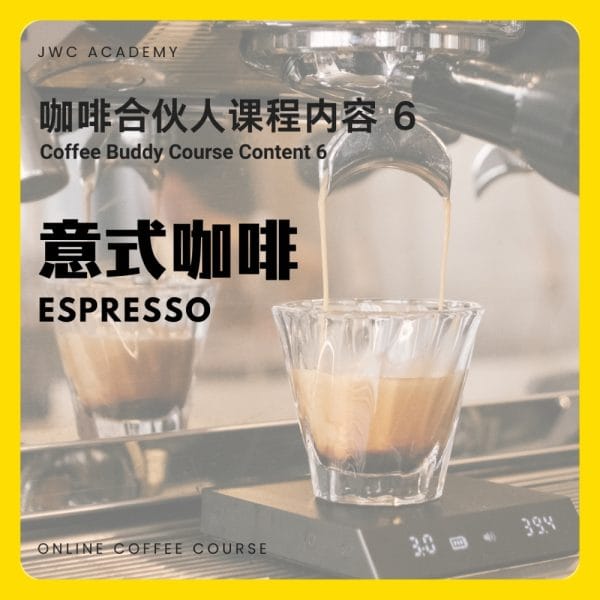 Close-up of an espresso shot being pulled from a coffee machine into a glass, featuring JWC Academy’s Coffee Buddy Course Content 6 on espresso.
